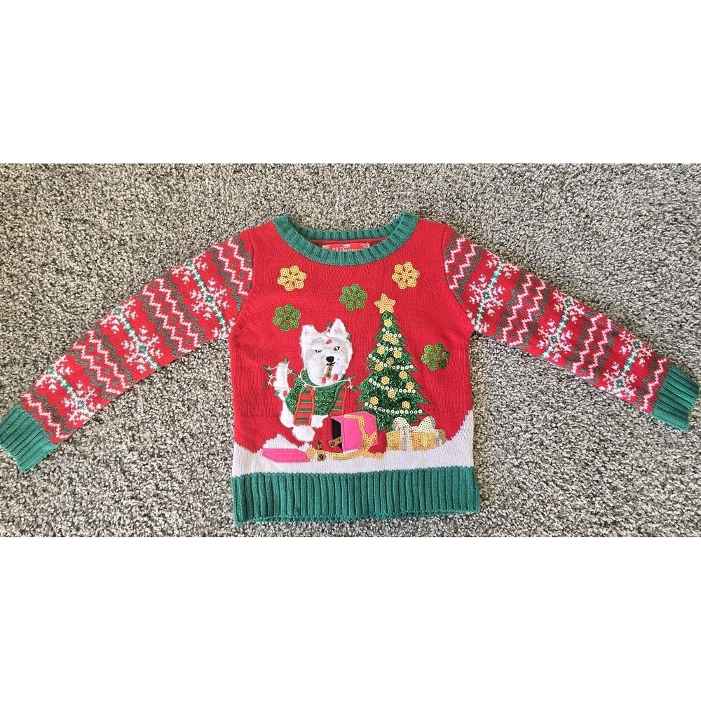 Girls Christmas Sweater Plush Red Green Sequin‎ Dog Sz XXS 4-5 33 Degrees Nordic